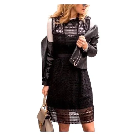 Karen Millen Collared Lace Little Black Dress Women's Size 12 - Picture 2 of 8